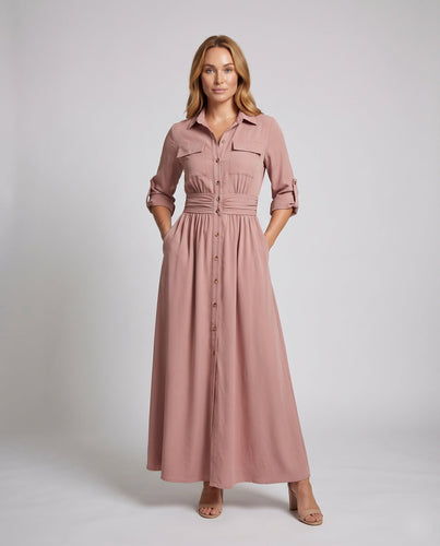 Damen Hemdblusen-Maxikleid Knopfleiste Bindegürtel Fließend