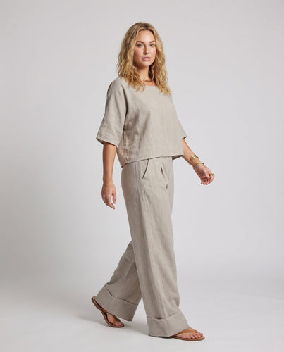 Damen Leinen-Set Kurzoberteil Palazzohose Eingrifftaschen