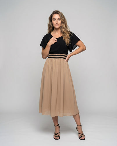 Damen Midaxi-Kleid Rüschenbund Flügelärmel Faltenrock