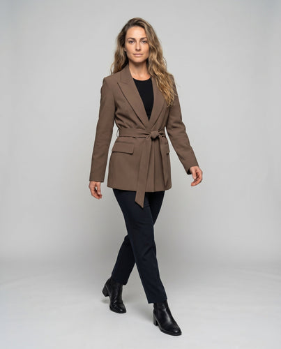 Damen Blazer Reverskragen Bindegürtel Pattentaschen