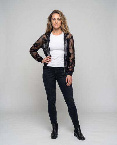 Damen Spitzen-Kapuzenjacke Florale Stickerei Transparent