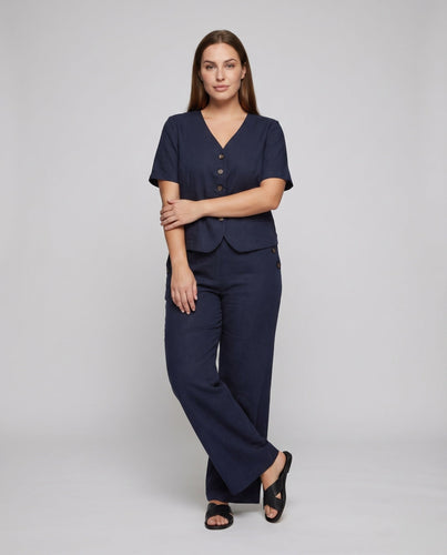 Damen Leinen-Set Kurzbluse Marlenehose Zweiteilig