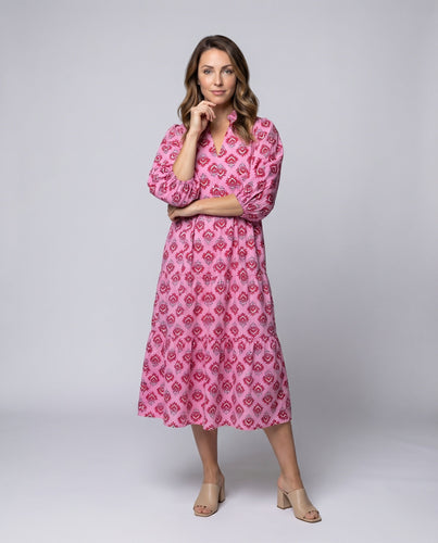 Damen Baumwoll-Midikleid Geraffte Taille Florales Muster