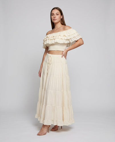 Damen Boho-Zweiteiler Carmen-Top Gestufter Maxirock