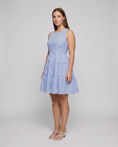 Damen Stufenkleid Ausgestellter Rock Rundhals Tailliert