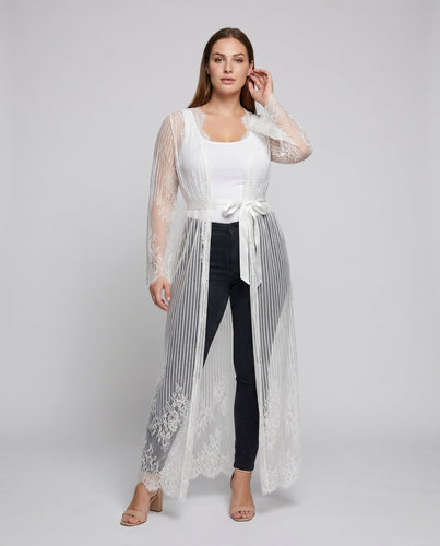 Damen transparente Spitze Kimono mit Bindegürtel