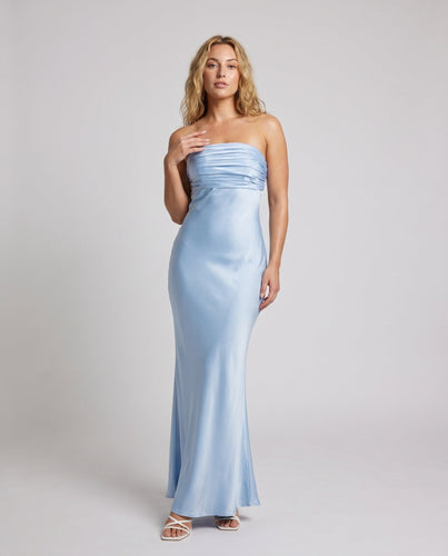 Damen Elegantes Langarm-Maxikleid mit schimmerndem Satin-Shopnory