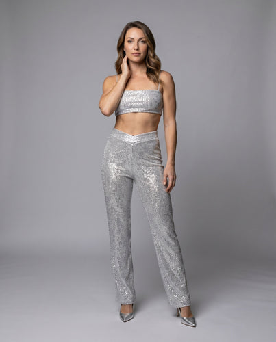 Damen Glitzerndes Cropped Top mit weitem Palazzohosen Set