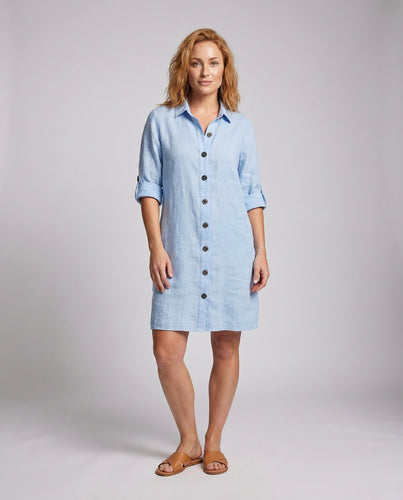 Damen Hemdblusenkleid aus leichtem Leinenstoff mit eleganten Knöpfen