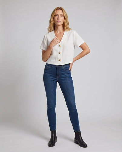Damen cropped Leinenbluse mit Knopfleiste und elegantem V-Ausschnitt