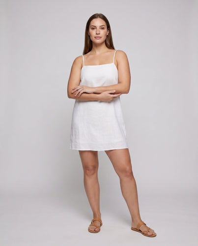 Damen Leinen-Minikleid mit schmalen Spaghettiträgern und minimalistischer Silhouette