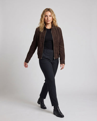 Damen elegante Wildlederjacke mit praktischen Taschen und Reißverschluss