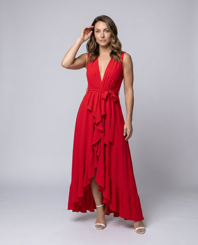 Damen Elegantes Maxikleid mit Volant und tiefem V-Ausschnitt