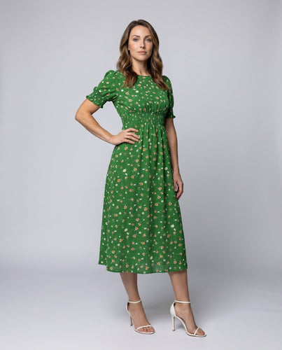 Damen Midikleid mit floralem Muster und elastischem Tailleneinsatz