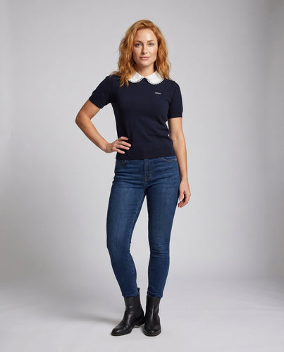 Damen nan feines Kurzarm-Feinstrickshirt mit abnehmbarem besticktem Spitzenkragen