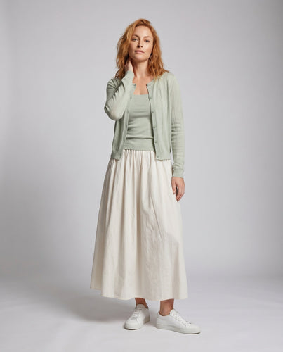 Damen nan zweiteiliges Feinstrick-Set mit schmalem Ripp-Cami und transparenter Longcardigan mit Häkelkante