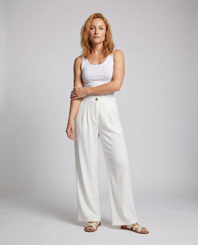 Damen weite, hoch taillierte Leinenhose mit elastischem Bund und praktischen Taschen
