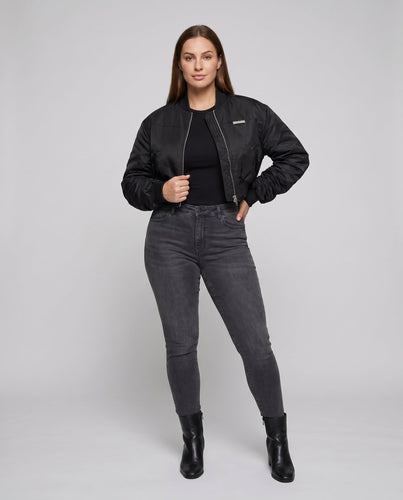Damen kurz geschnittene Bomberjacke mit voluminösen Ärmeln und modernen Details