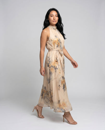Damen Maxi-Kleid mit floralen Akzenten und elegantem Halterkragen