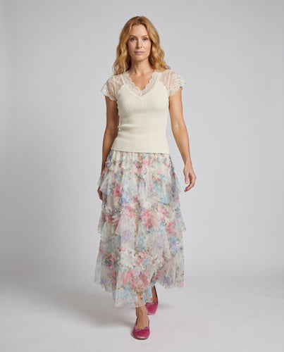 Damen Maxi-Rock mit floralem Rüschendesign und atmungsaktivem Chiffon