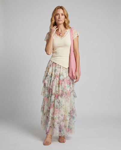 Damen Maxi-Rock mit floralen Rüschen und eleganter Silhouette
