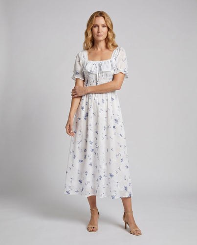 Damen Midi-Kleid mit Puffärmeln und zartem Blumenmuster