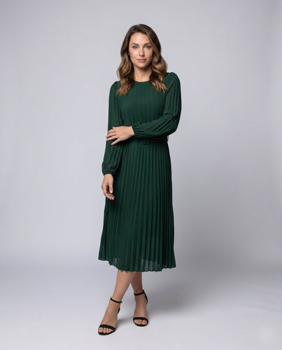 Damen Plissiertes Maxi-Kleid mit elegantem Taillengürtel und Puffärmeln