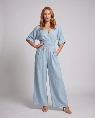Damen Elegante V-Ausschnitt Jumpsuit mit Taillengürtel und weit geschnittenen Beinen