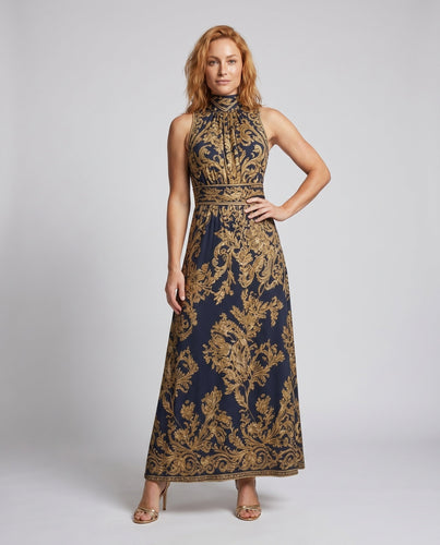 Damen Elegantes Maxikleid mit hochgeschlossener Spitze und dekorativem Muster