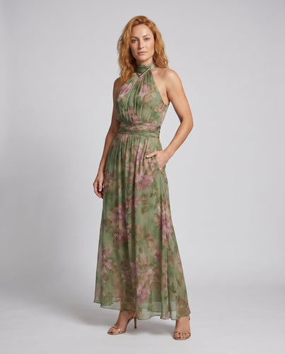 Damen Maxi-Kleid mit haltem Ausschnitt und floralen Details