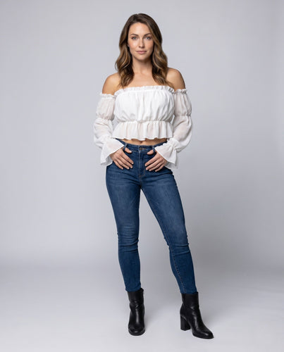 Damen Off-Shoulder Bluse mit rüschenförmigen Ärmeln und elastischem Bund