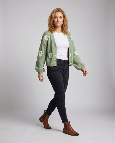 Damen Strickjacke mit Blumenmotiven und offenen Schnitt