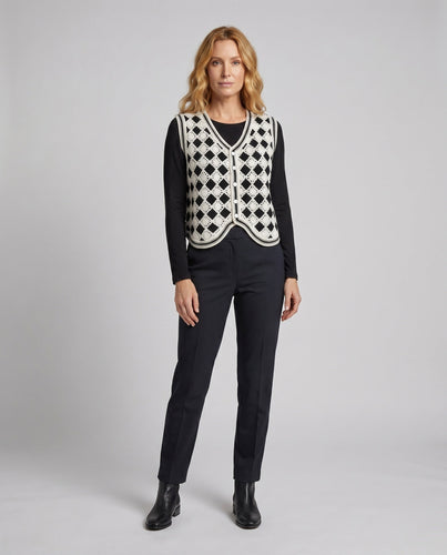 Damen Cropped Häkeloberteil mit buntem Quadratmuster und Knopfleiste