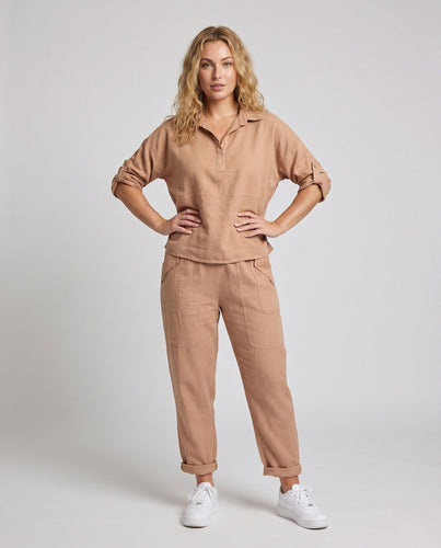 Damen Bequemes Leinen-Set mit Aufschlaghosen Shopnory