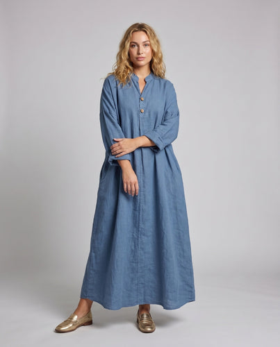 Damen Langärmeliges Leinenkleid mit Knopfverschluss Shopnory