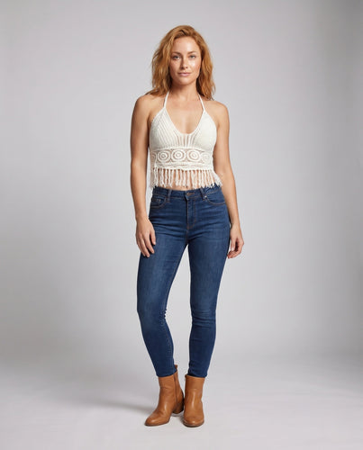 Damen gehäkeltes Crop-Top mit verspieltem Fransen und dekorativen Mustern