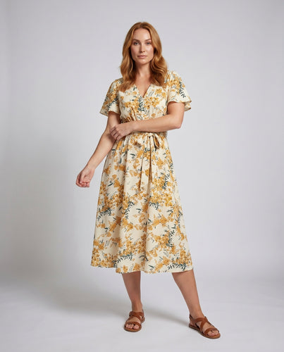 Damen Midi-Kleid mit floralem Muster und schwingendem Rock Shopnory