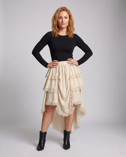 Damen asymmetrischer Midirock mit Rüschendetails und Spitzenapplikationen Shop Nory