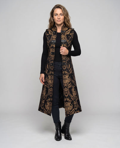 Damen elegante lange Robe mit aufwändigem Muster und hohem Kragen Shop Nory