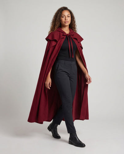 Damen eleganter Kapuzenumhang mit schwingendem Schnitt und Rüschenakzenten Shop Nory