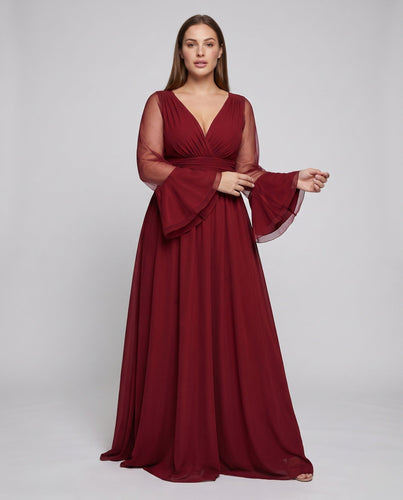 Frauen Elegante Maxikleid mit transparentem Ärmel Design und tiefem V-Ausschnitt Shop Nory