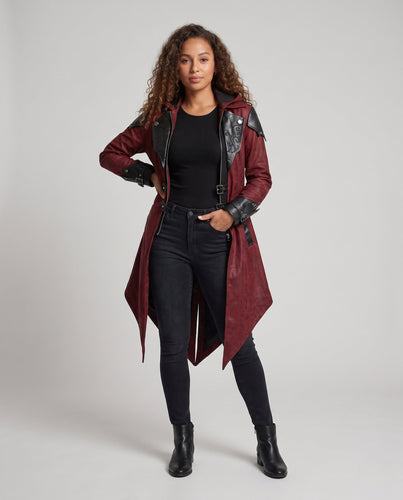 Damen Luxe Umhang mit Kapuze und dekorativen Lederakzenten Shop Nory