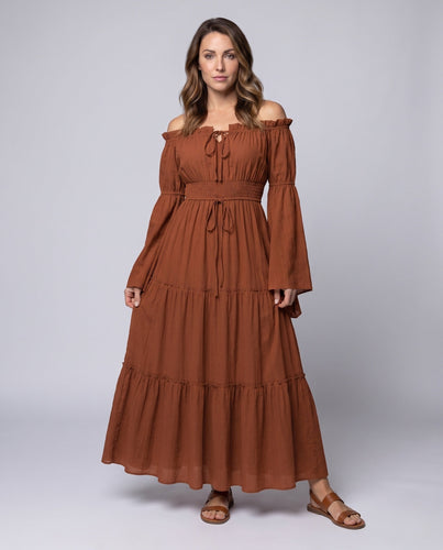 Damen Maxi Kleid mit luftigen Puffärmeln und elastischem Taillengürtel Shop Nory