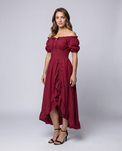 Damen Maxikleid mit schulterfreien Puffärmeln und Rüschendetails Shop Nory