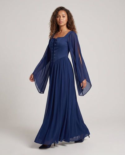 Damen Maxikleid mit transparenten Ärmeln und Schnürdetails Shop Nory