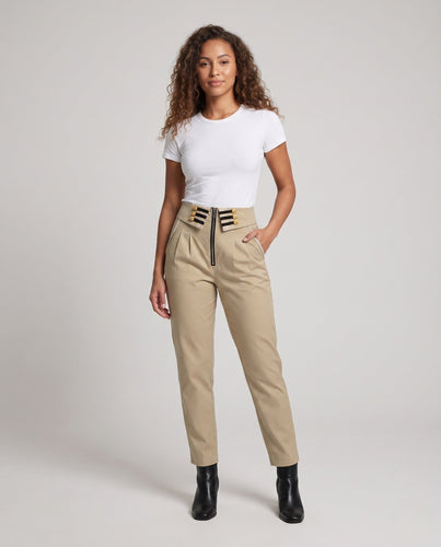 Damen modische hoch taillierte Hose mit dekorativen Knöpfen und Reißverschluss Shop Nory
