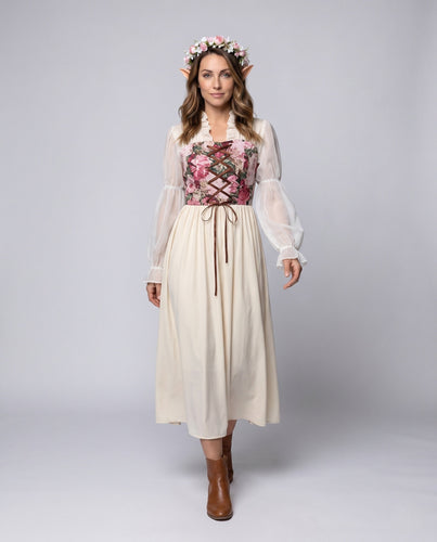 Damen romantisches Maxikleid mit floralem Design und transparenten Puffärmeln Shop Nory