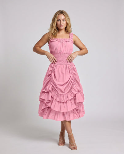 Damen Rüsch Maxi Kleid mit elastischem Oberteil und voluminösem Rock Shop Nory