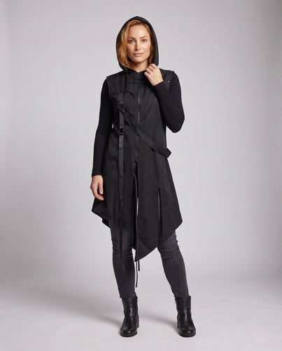 Damen stilvolle Kapuze Umhang mit asymmetrischem Saum und dekorativen Details Shop Nory
