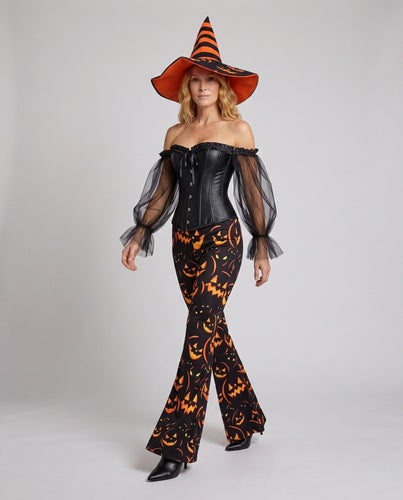 Damen Hexen Kostüm mit transparenten Ärmeln und auffälligem Hut Shop Nory